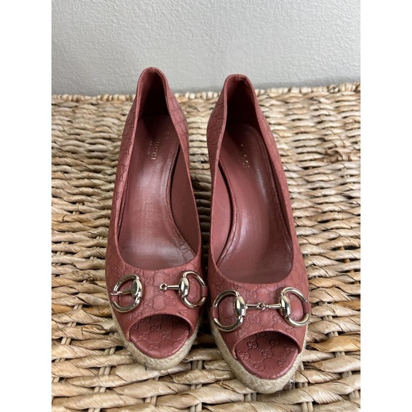 Gucci Women‎ Leather Peep-Toe Horsebit Espadrille Wedges Red Size 38 - Picture 4 of 16
